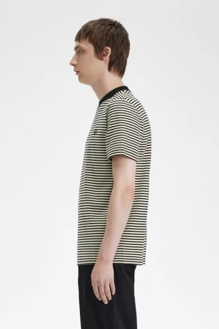 Fred Perry Fine Stripe Heavyweight Men’s T-Shirt Oatmeal Black | HAGUW4218