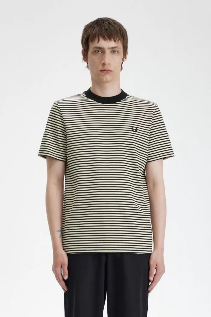 Fred Perry Fine Stripe Heavyweight Men’s T-Shirt Oatmeal Black | HAGUW4218