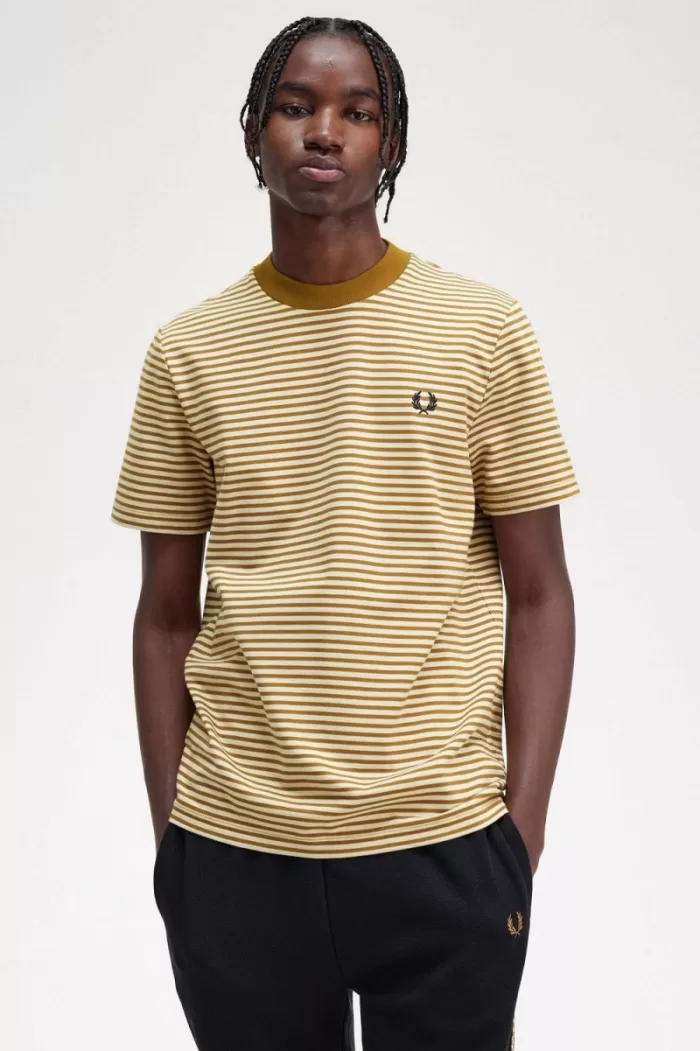 Fred Perry Fine Stripe Heavyweight Men’s T-Shirt Oatmeal Dark Coffee | WUBJN5046