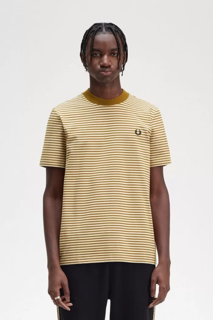 Fred Perry Fine Stripe Heavyweight Men’s T-Shirt Oatmeal Dark Coffee | WUBJN5046