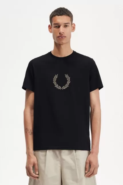 Fred Perry Flocked Laurel Wreath Men’s T-Shirt Black Warm Grey | GFPHV8769