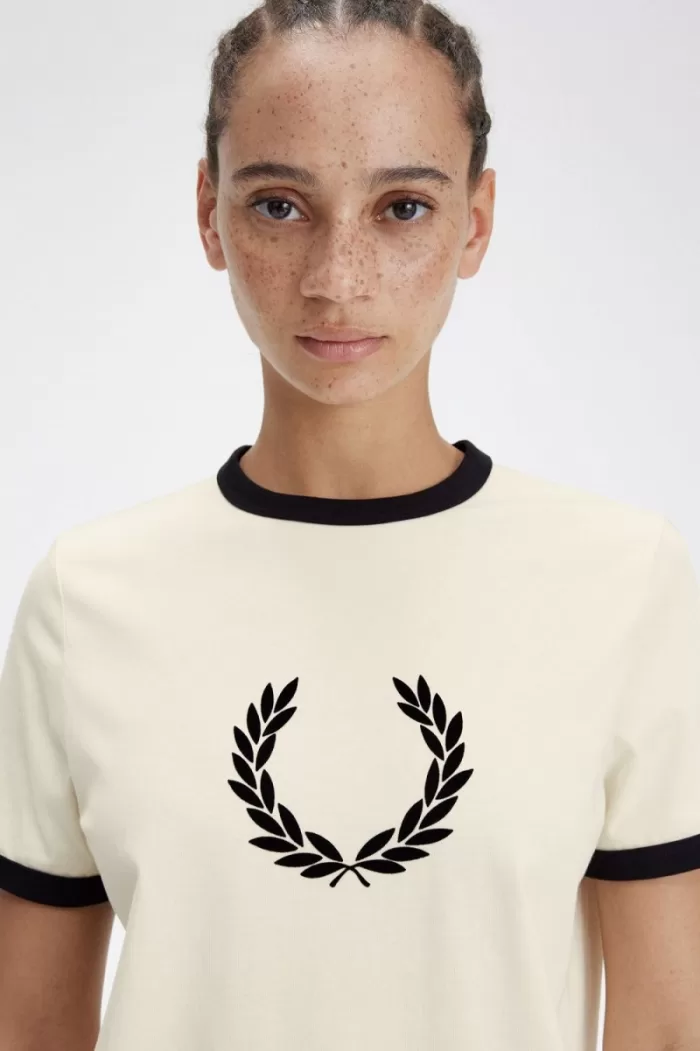 Fred Perry Flocked Laurel Wreath Women’s T-Shirt Beige | JQPES0943