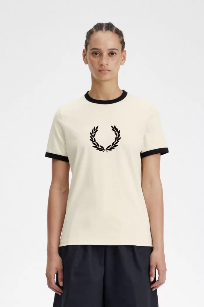 Fred Perry Flocked Laurel Wreath Women’s T-Shirt Beige | JQPES0943