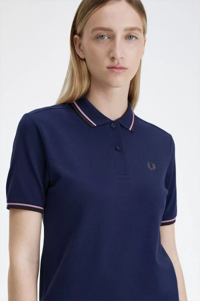 Fred Perry G3600 Women’s Shirt French Navy Dusty Rose Pink Dark Red | YAVCO9752