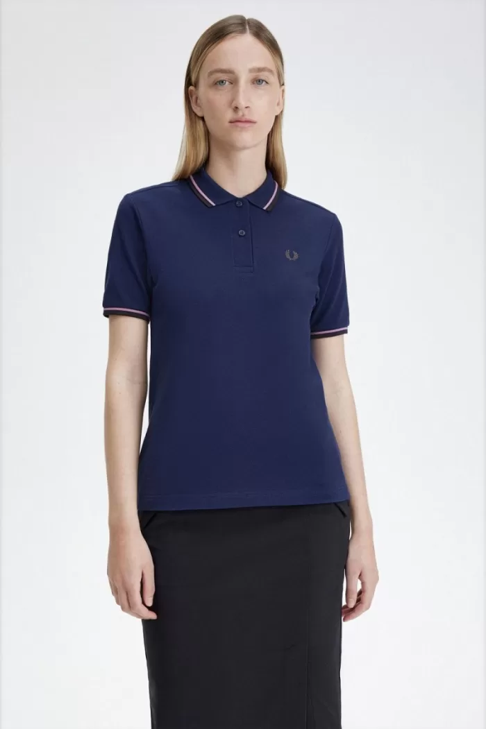 Fred Perry G3600 Women’s Shirt French Navy Dusty Rose Pink Dark Red | YAVCO9752