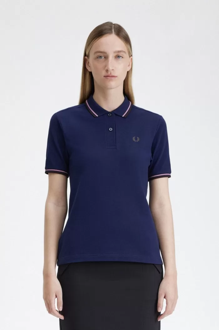 Fred Perry G3600 Women’s Shirt French Navy Dusty Rose Pink Dark Red | YAVCO9752