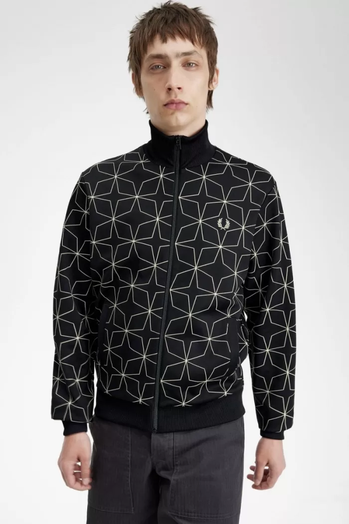 Fred Perry Geometric Print Men’s Track Jackets Black | PQUJO2649