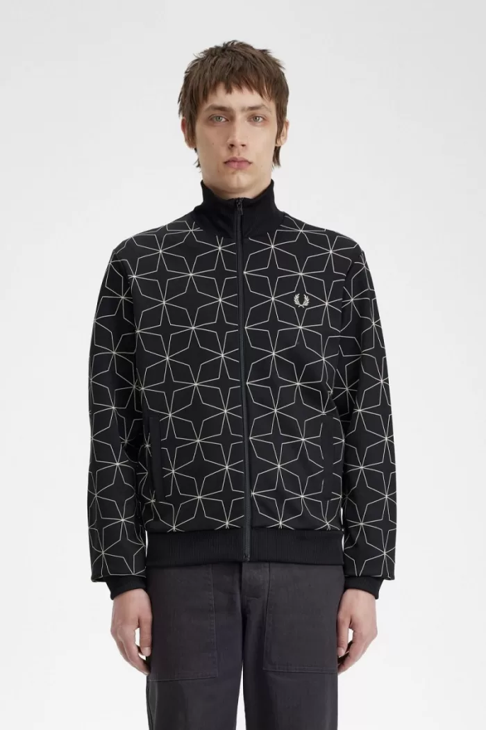 Fred Perry Geometric Print Men’s Track Jackets Black | PQUJO2649