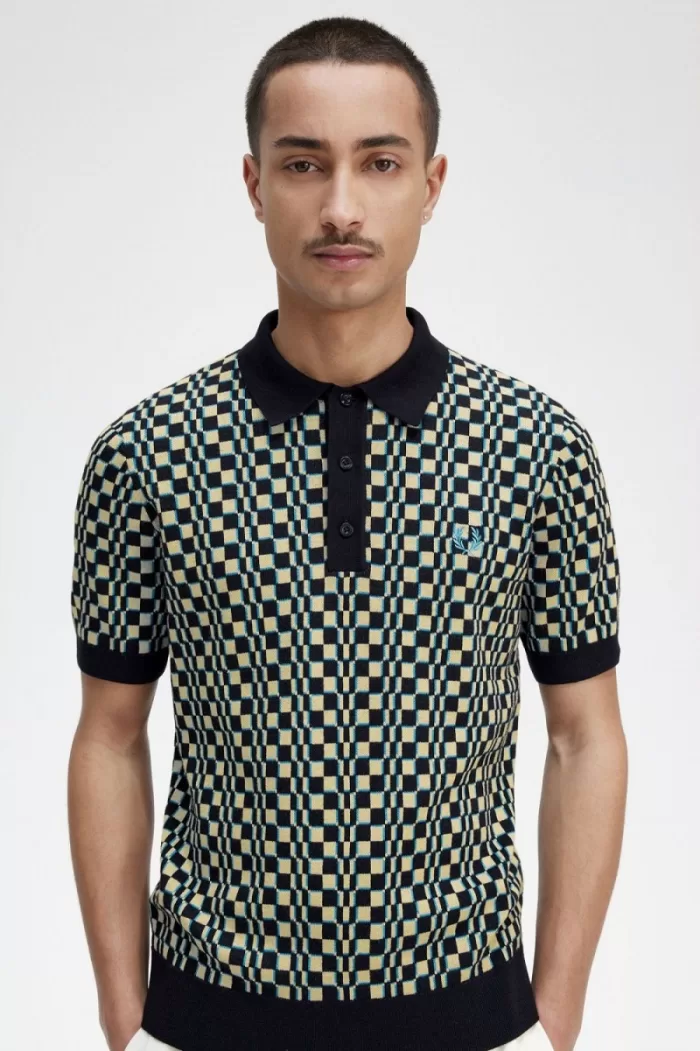 Fred Perry Glitch Chequerboard Knitted Men’s Shirt Light Mint Black | AIYOU6104