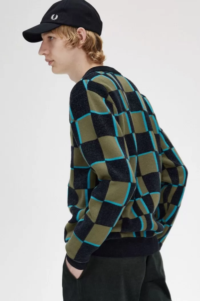 Fred Perry Glitch Chequerboard Men’s Cardigan Uniform Green Black | IDLGT2468