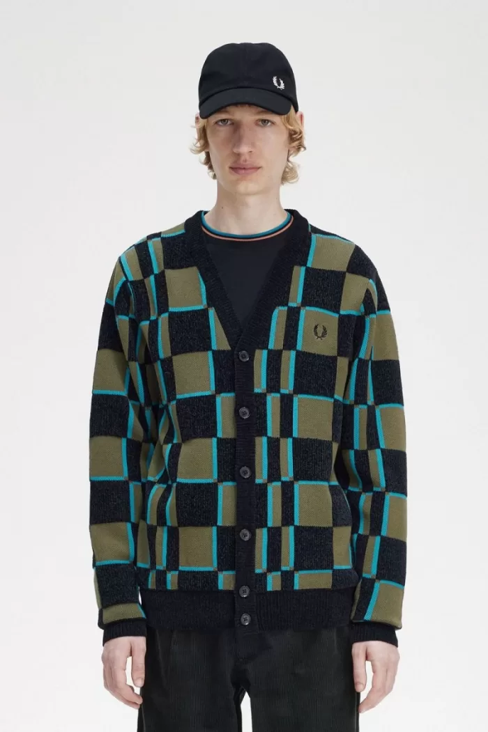 Fred Perry Glitch Chequerboard Men’s Cardigan Uniform Green Black | IDLGT2468