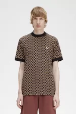 Fred Perry Glitch Chequerboard Men’s T-Shirt Brown Navy | XSKQD5630