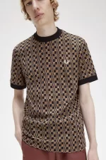 Fred Perry Glitch Chequerboard Men’s T-Shirt Brown Navy | XSKQD5630