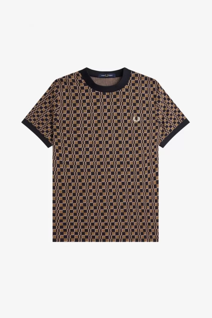 Fred Perry Glitch Chequerboard Men’s T-Shirt Brown Navy | XSKQD5630