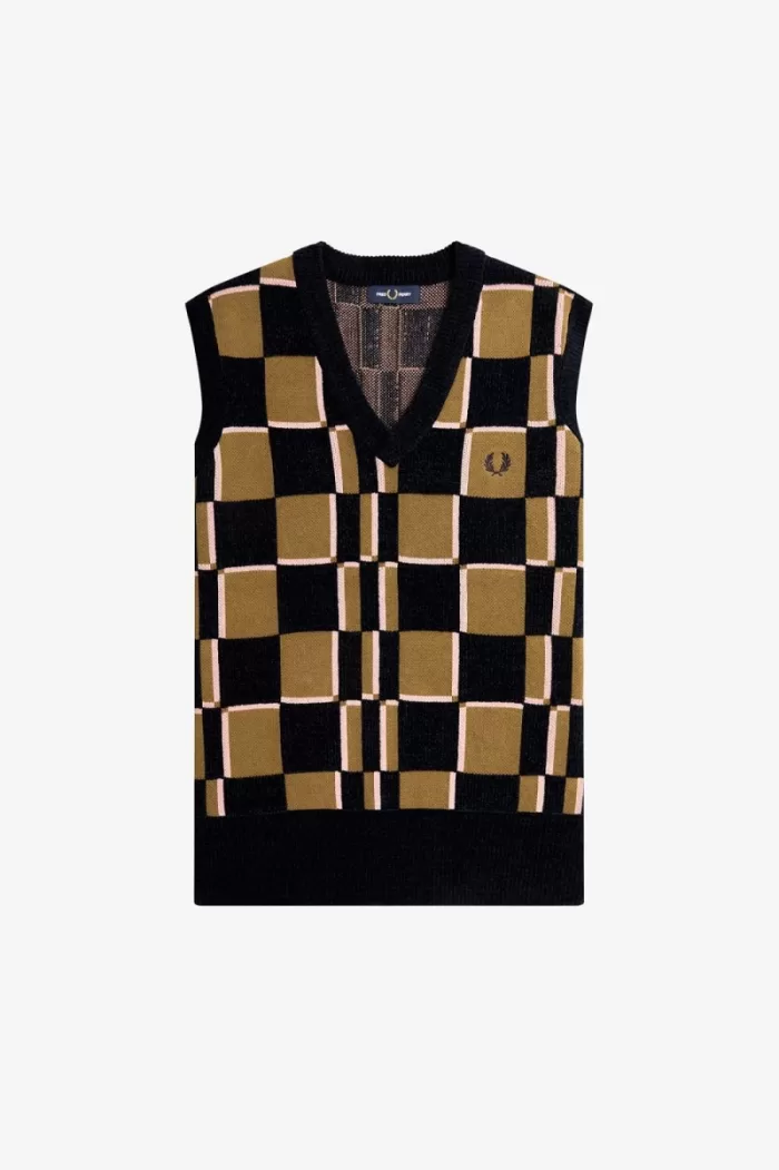 Fred Perry Glitch Chequerboard Men’s Tanks Brown Navy | LDQXA4501