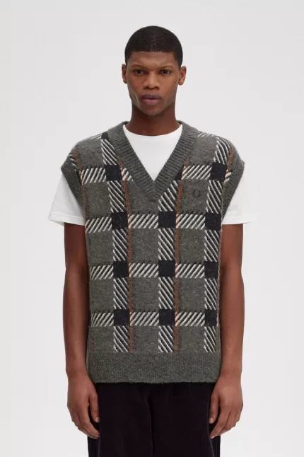 Fred Perry Glitch Tartan Knitted Men’s Tanks Field Green | GXKOW6027