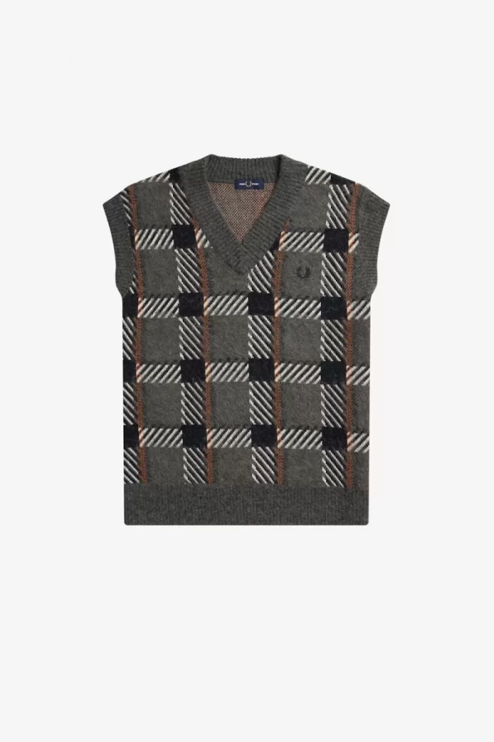 Fred Perry Glitch Tartan Knitted Men’s Tanks Field Green | GXKOW6027