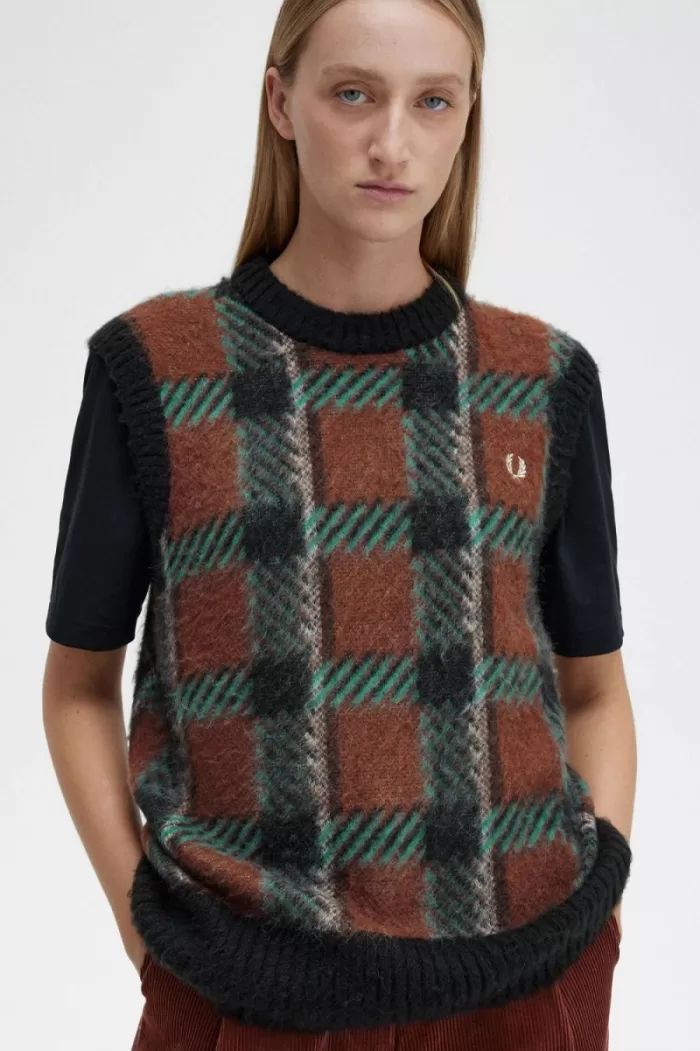 Fred Perry Glitch Tartan Knitted Women’s Tanks Whisky Brown | SPNDB5312