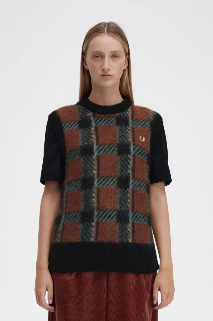 Fred Perry Glitch Tartan Knitted Women’s Tanks Whisky Brown | SPNDB5312