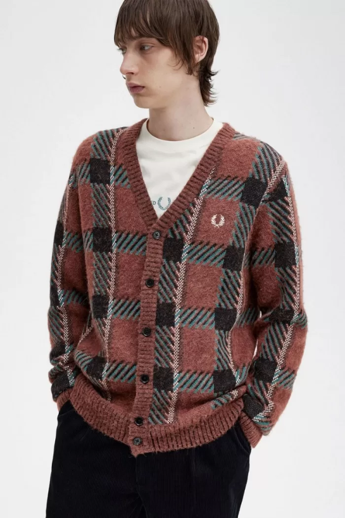 Fred Perry Glitch Tartan Men’s Cardigan Whisky Brown | NSGJZ2403