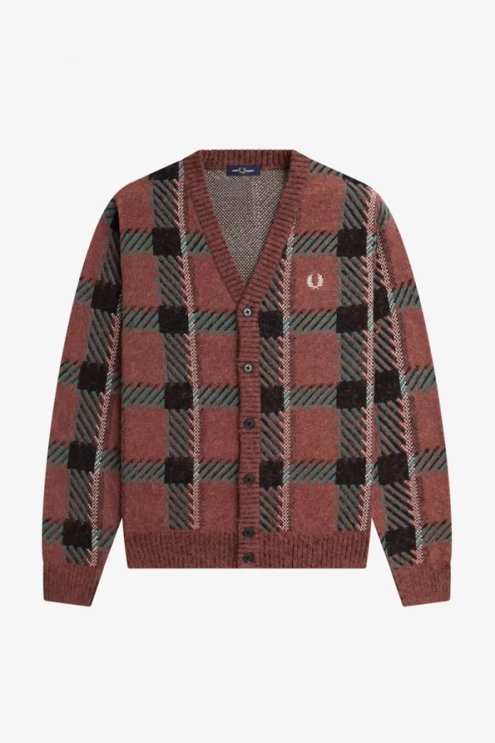 Fred Perry Glitch Tartan Men’s Cardigan Whisky Brown | NSGJZ2403