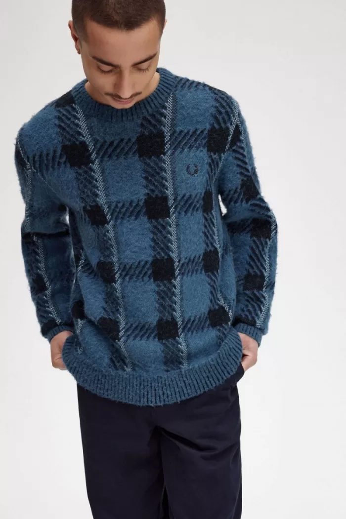 Fred Perry Glitch Tartan Men’s Jumper Midnight Blue | FGDMH7390