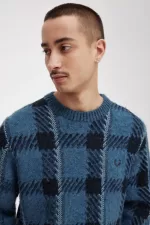 Fred Perry Glitch Tartan Men’s Jumper Midnight Blue | FGDMH7390