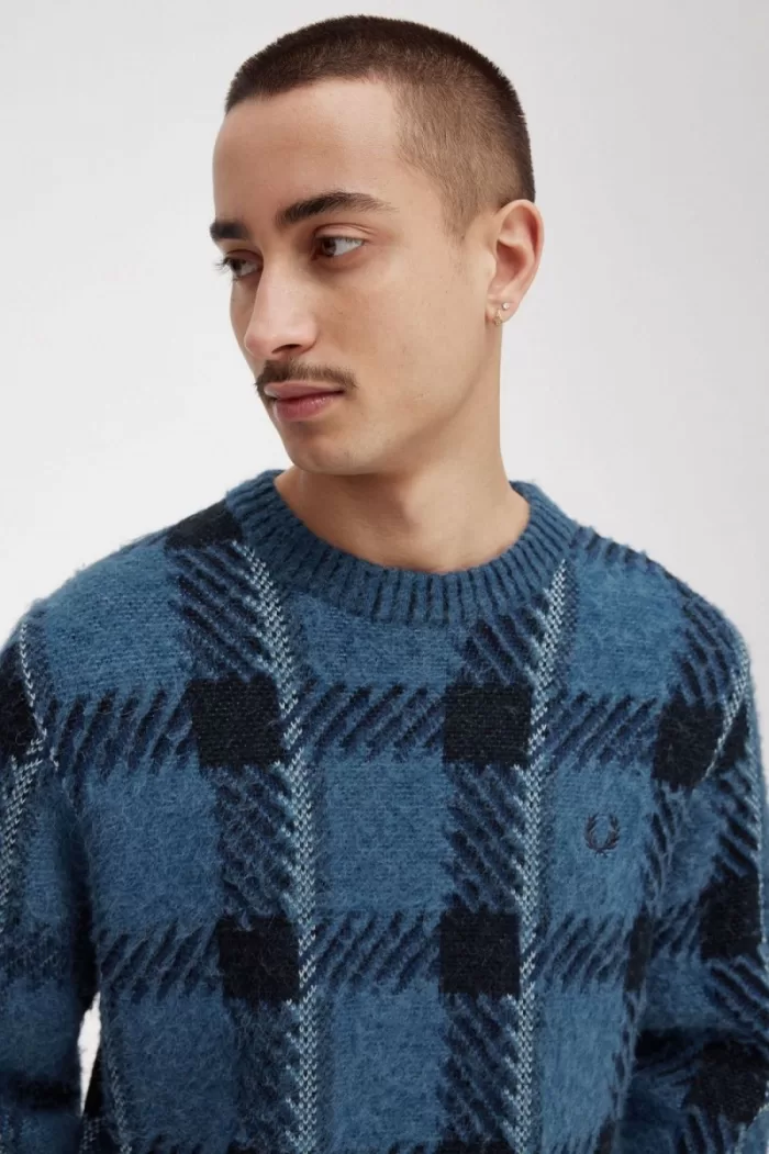 Fred Perry Glitch Tartan Men’s Jumper Midnight Blue | FGDMH7390