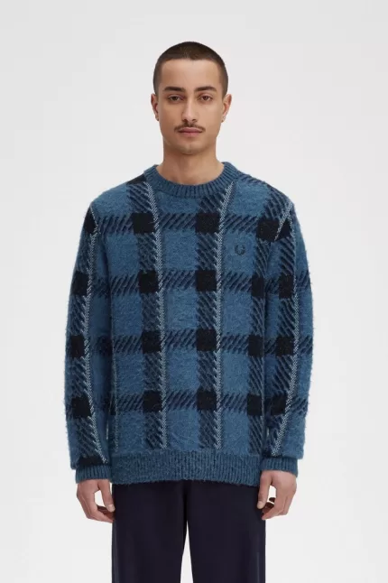 Fred Perry Glitch Tartan Men’s Jumper Midnight Blue | FGDMH7390