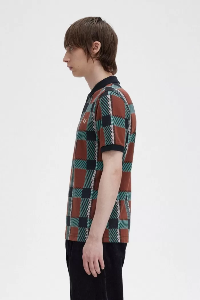 Fred Perry Glitch Tartan Men’s Polo Shirt Whisky Brown | XIKEF2148