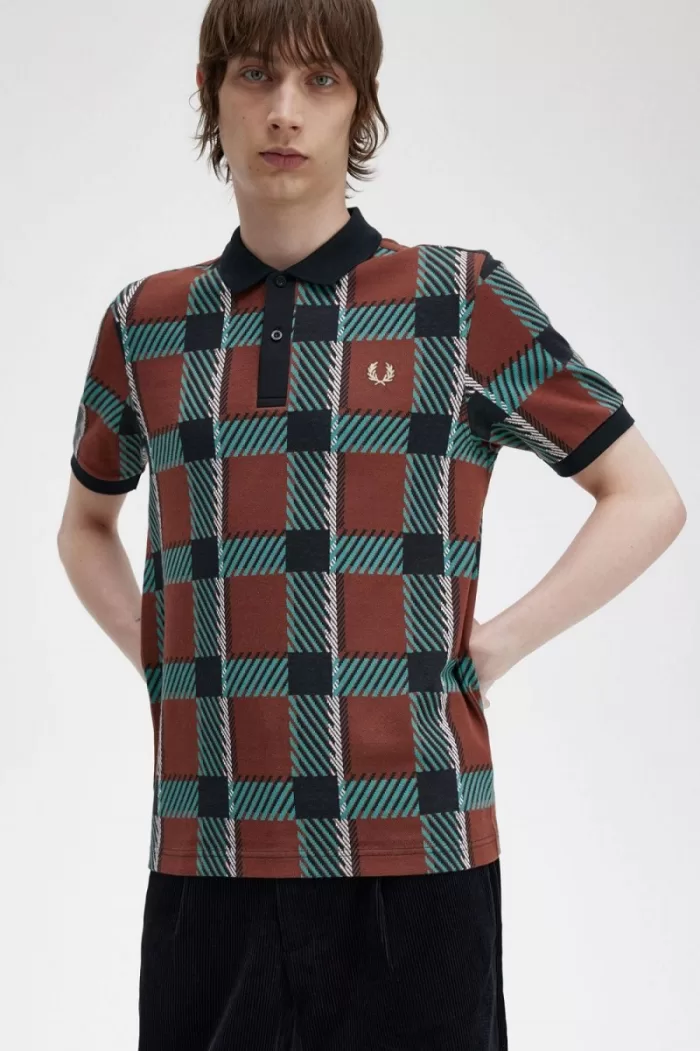 Fred Perry Glitch Tartan Men’s Polo Shirt Whisky Brown | XIKEF2148