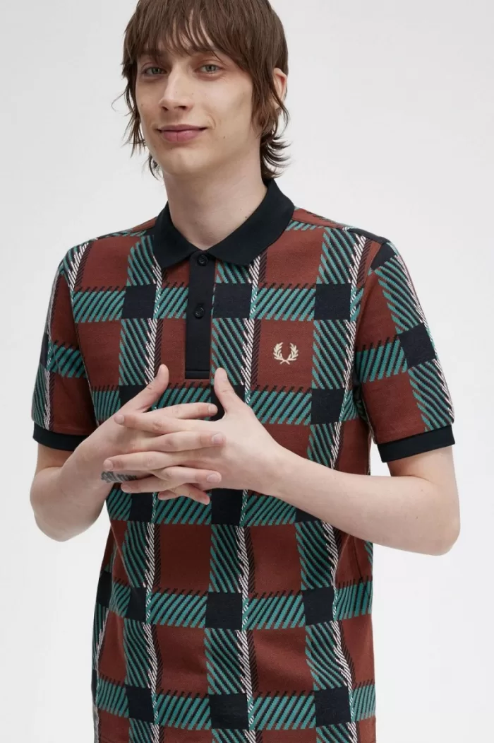 Fred Perry Glitch Tartan Men’s Polo Shirt Whisky Brown | XIKEF2148