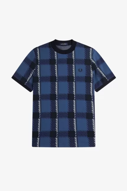 Fred Perry Glitch Tartan Men’s T-Shirt Midnight Blue | BHJRG0984