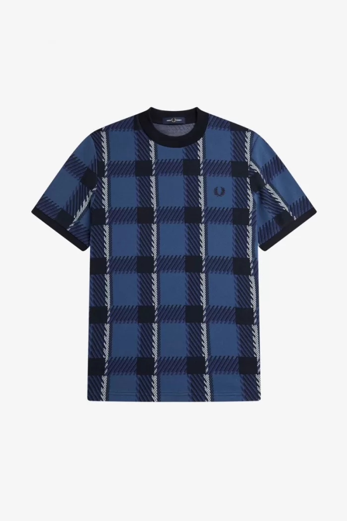 Fred Perry Glitch Tartan Men’s T-Shirt Midnight Blue | BHJRG0984