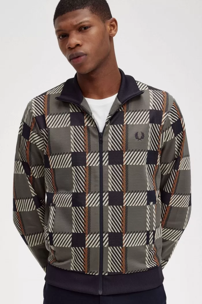 Fred Perry Glitch Tartan Men’s Track Jackets Field Green | NFOTQ0685