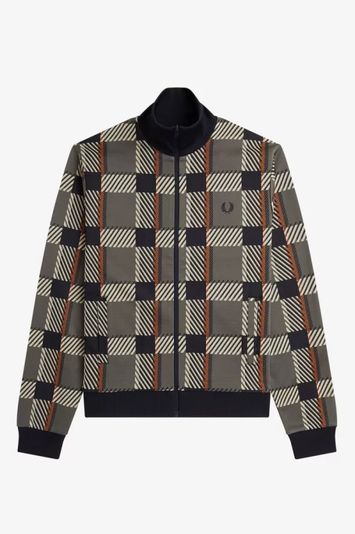 Fred Perry Glitch Tartan Men’s Track Jackets Field Green | NFOTQ0685