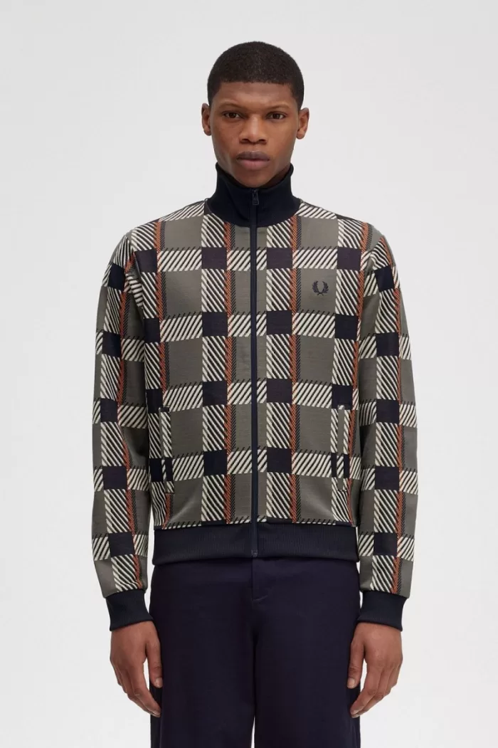 Fred Perry Glitch Tartan Men’s Track Jackets Field Green | NFOTQ0685