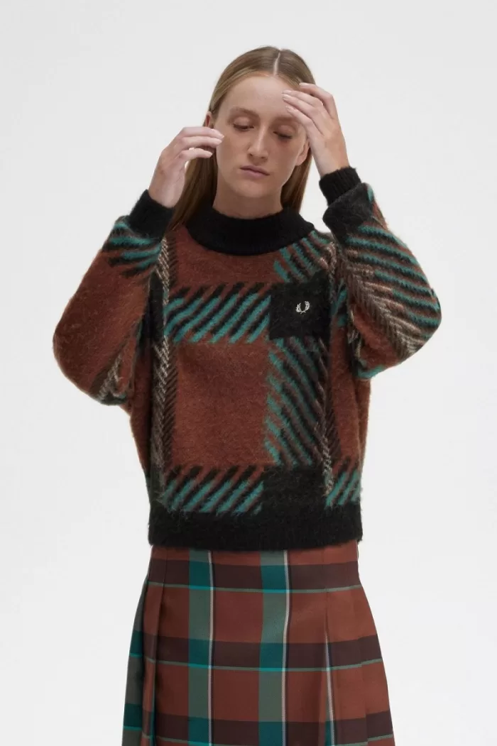 Fred Perry Glitch Tartan Women’s Jumper Whisky Brown | QUFAO0821