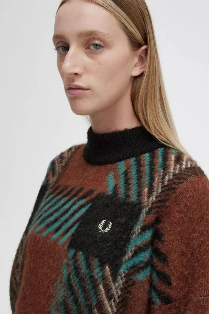 Fred Perry Glitch Tartan Women’s Jumper Whisky Brown | QUFAO0821