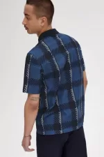 Fred Perry Glitch Tartan Zip Neck Men’s Polo Shirt Midnight Blue | PDNYI5619