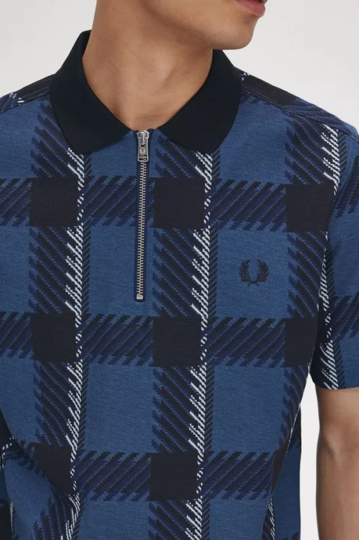 Fred Perry Glitch Tartan Zip Neck Men’s Polo Shirt Midnight Blue | PDNYI5619