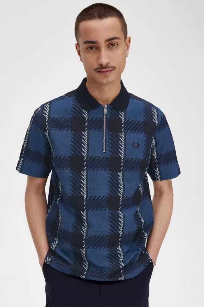 Fred Perry Glitch Tartan Zip Neck Men’s Polo Shirt Midnight Blue | PDNYI5619