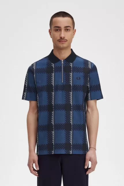 Fred Perry Glitch Tartan Zip Neck Men’s Polo Shirt Midnight Blue | PDNYI5619