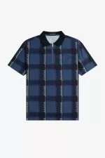 Fred Perry Glitch Tartan Zip Neck Men’s Polo Shirt Midnight Blue | PDNYI5619