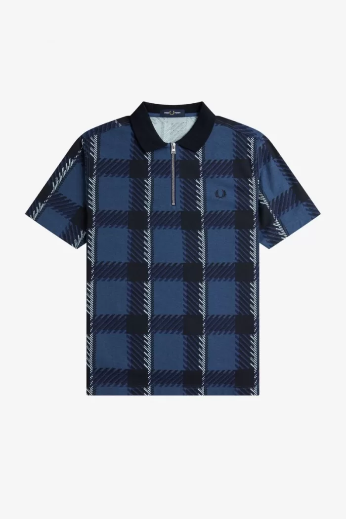 Fred Perry Glitch Tartan Zip Neck Men’s Polo Shirt Midnight Blue | PDNYI5619