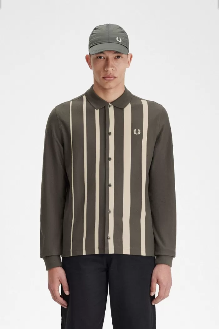 Fred Perry Gradient Stripe Long Sleeve Men’s Polo Shirt Field Green | HDTZP8621