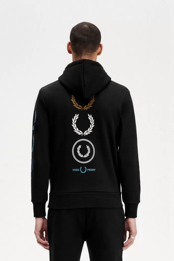 Fred Perry Graphic Branding Hooded Men’s Sweatshirts Black | ZYFCO7235