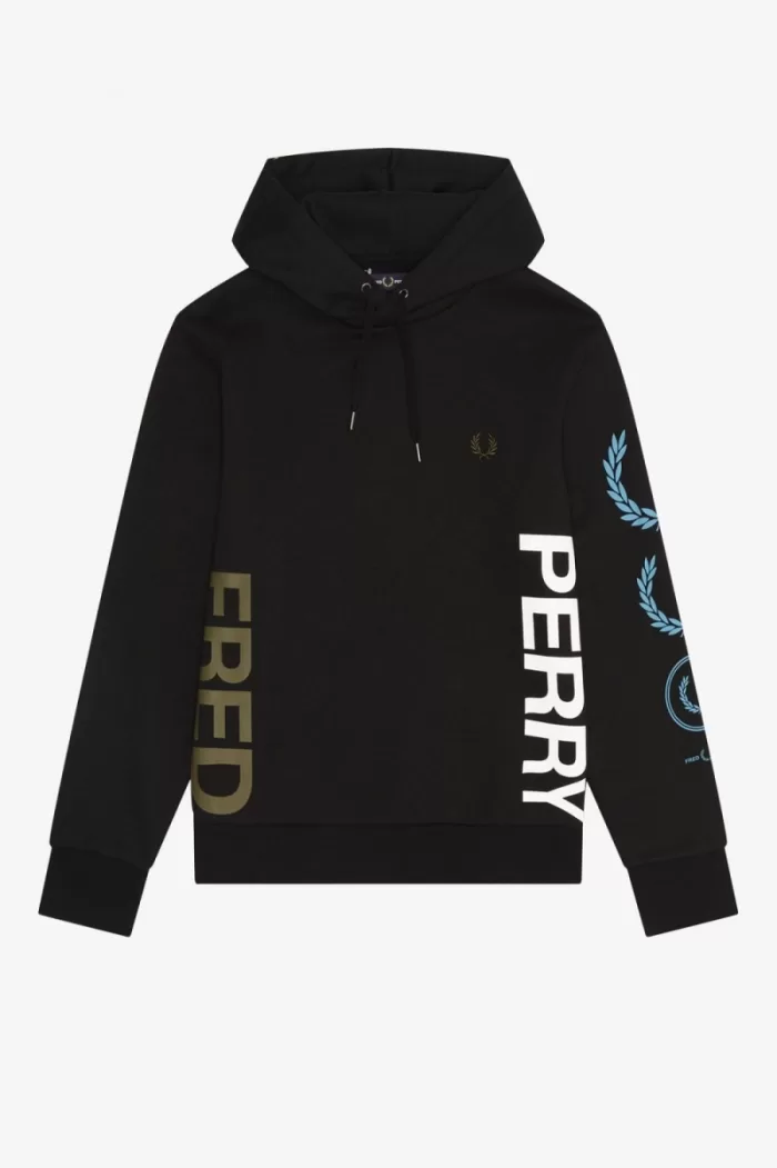 Fred Perry Graphic Branding Hooded Men’s Sweatshirts Black | ZYFCO7235