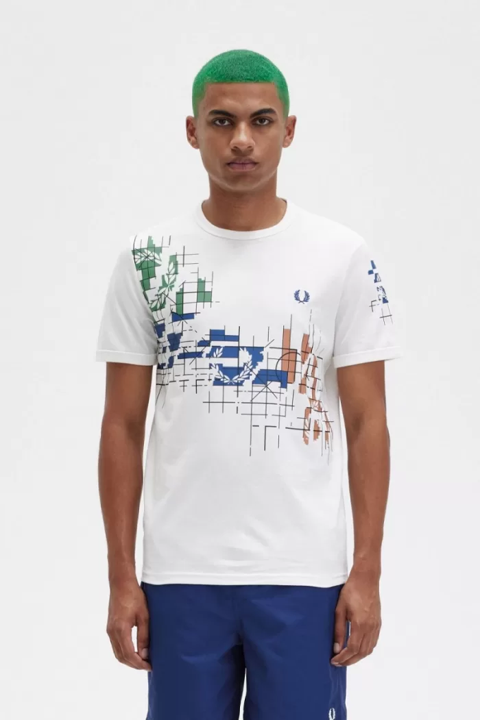 Fred Perry Grid Print Men’s T-Shirt Snow White | NCOWG1024