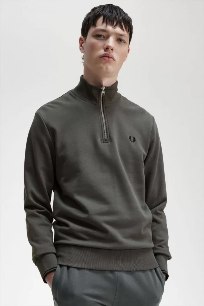 Fred Perry Half Zip Men’s Sweatshirts Field Green | UZROA6205